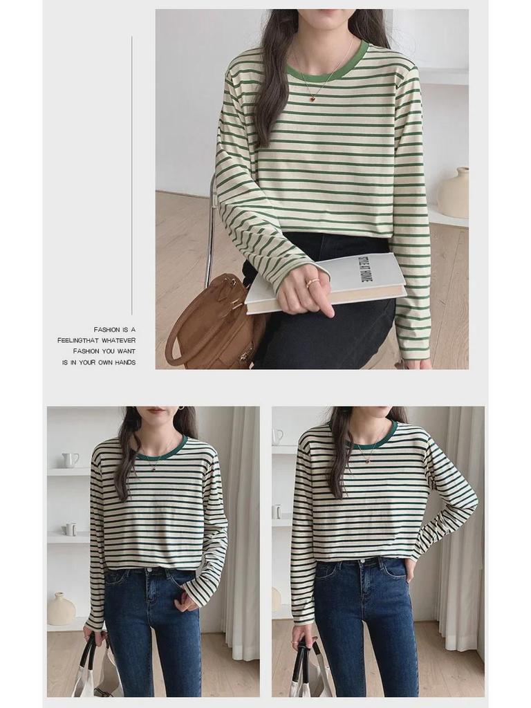 Women's Spring 2025 Green Striped Long-Sleeve Round Neck T-Shirt: Loose-Fit, Slim-Style, Commuting Top