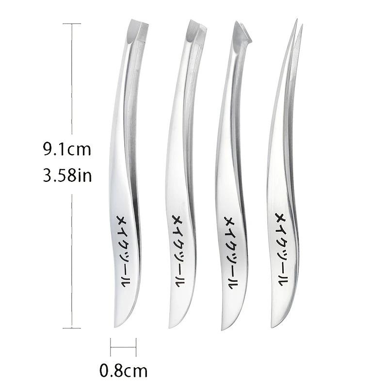 4pcs Japanese Banana Stainless Steel Precision Tweezers Set, Unscented, for Eyebrow, Eyelash, and Barbs Removal