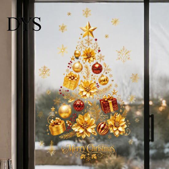 Large Christmas Tree Wall Clings 2 Sheets Gold Window Clings, Static Stick Snowflake Office Decorations Bauble Glass Decals, No-Glue Removable Winter