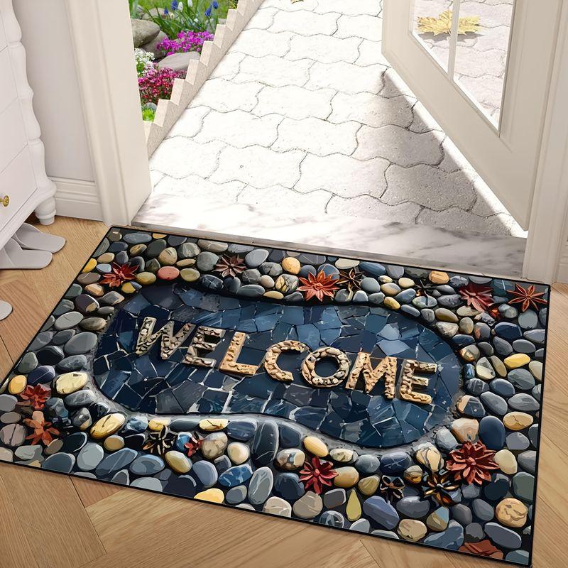 Tiled Stone Greeting Harvest Foliage Entry Rug Skid Resistant Entryway Mat Country Floor Pad Room Decor Accent Soft Cozy
