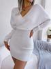 Svetrové šaty s výstřihem do V a křížením, jednobarevné, elegantní, s dlouhým rukávem, bodycon, volné šaty, ležérní netopýří šaty