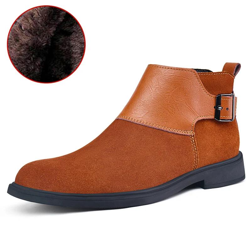 Moda Kışlık İnek Derisi Chelsea Erkek Botları Moda Kalın Tabanlı İngiliz Tarzı Kovboy Botları Yüksek Kaliteli Rahat Kısa Botlar