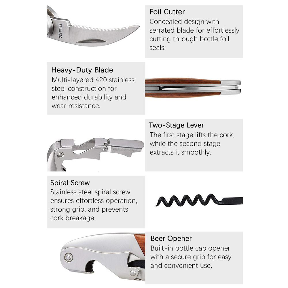 Personliga servitörer Korkskruv Vin- och ölflasköppnare Träkorköppnare, rostfritt stål, gravering av mottagarens namn