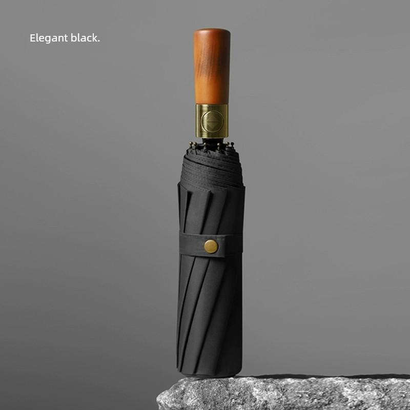 Automatic Umbrella Men Wooden Handle Reinforcement Sun Protection UV Protection Rain and Rain Dual-Use Female Vinyl Rainstorm Dedicated Umbrella