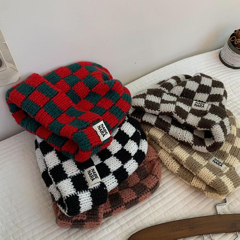 Checkerboard Plaid Knitted Hat For Women Autumn And Winter Korean Style Wool Hat Japanese Style Face-Enhancing Small Hat