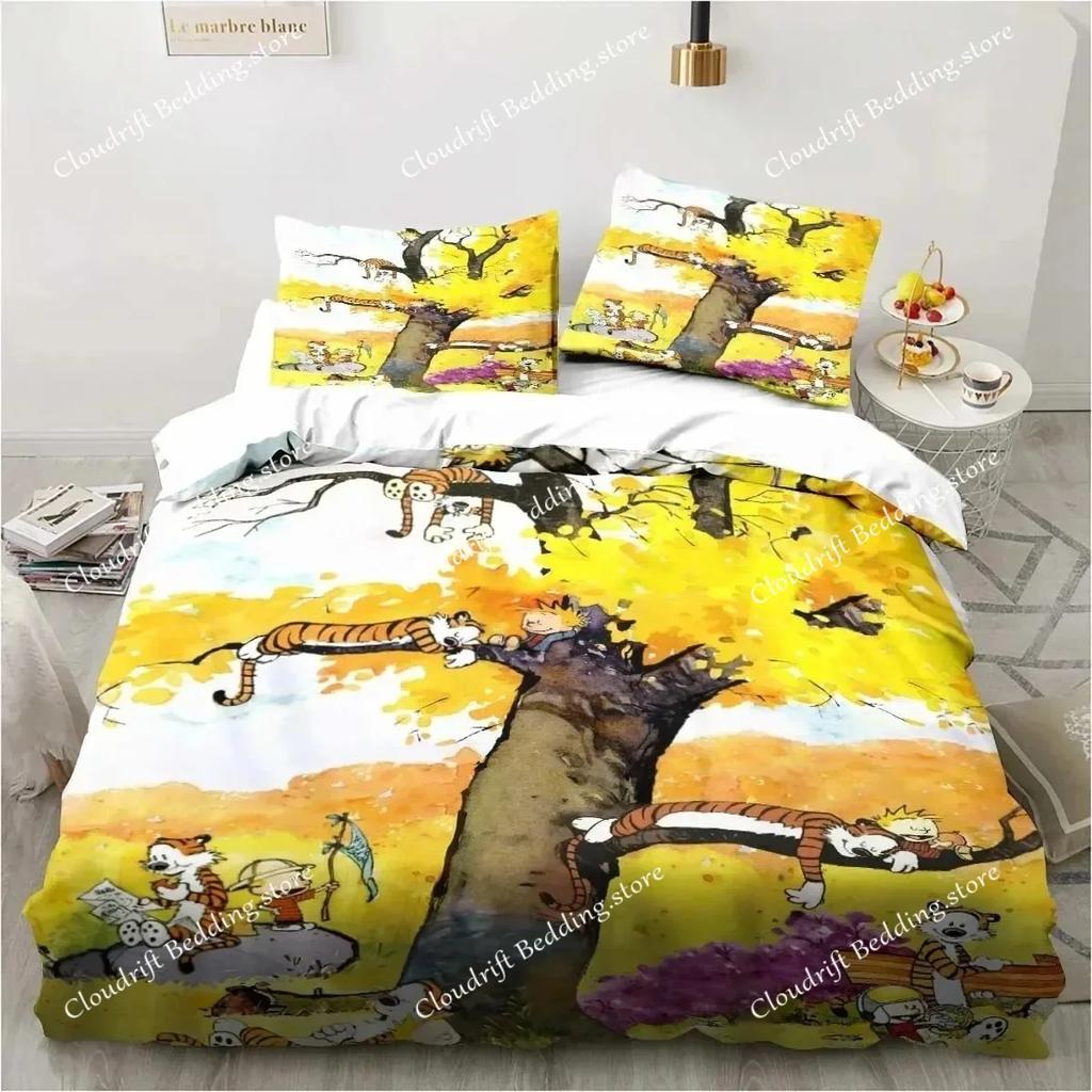 Kreskówka Calvin i Hobbes Zestaw pościeli z nadrukiem 3D Pojedynczy bliźniak Pełny Królowa Król Rozmiar Zestaw pościeli dla dorosłych Chłopcy Sypialnia Pościel Prezent026