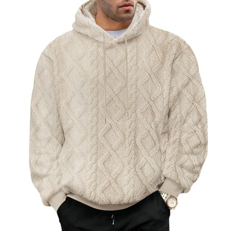 Mens American Casual Loose Fleece Lined Jacquard Hooded Pullover Sweatshirt