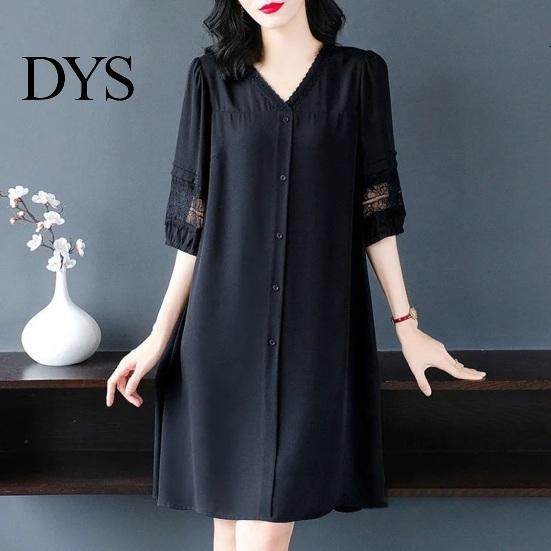 Solid Color Dress Summer Women Plus Size V Neck Loose Half Sleeves Commute Midi Hollow Out Lace Single-breasted Knee Length A-line Long