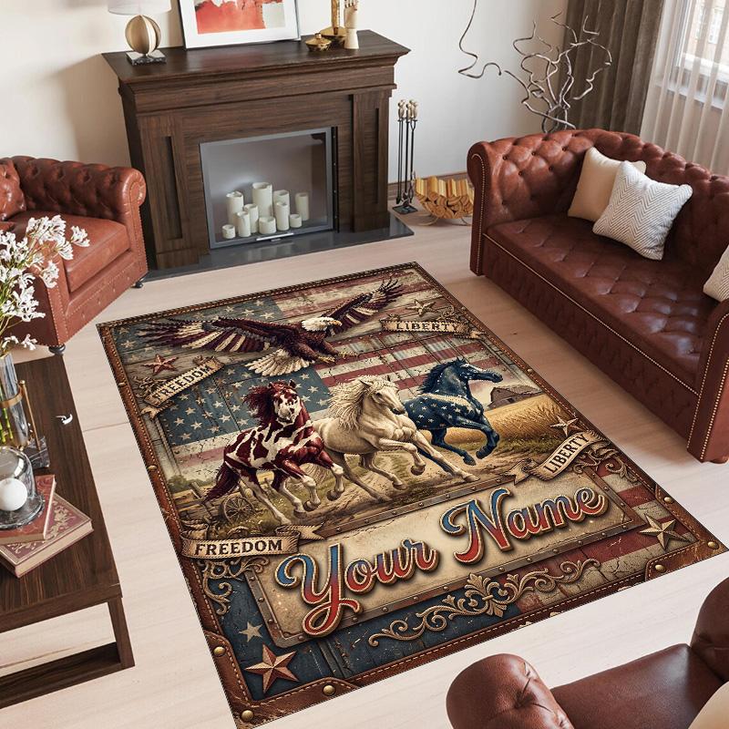 American Patriotic Theme Crystal Velvet Rug Personalized Custom Name Text Soft Floor Mat Home Decor