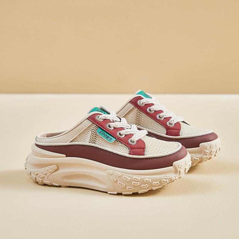 Summer Women's Thick Soles Increase Mesh Women's Sport Slippers Lace Up Half Slipper Casual Shoes Ladies Slides Sneakers