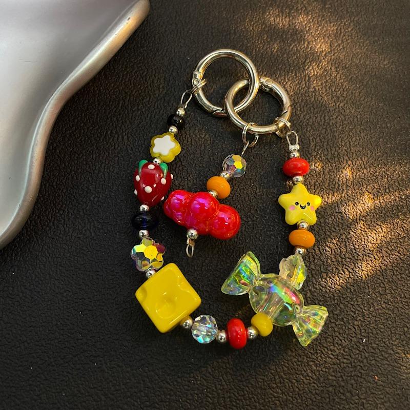 Summer Smiley Face Mobile Phone Lanyard Double Buckle Dopamine Super Fire Beaded Girl Bag Pendant