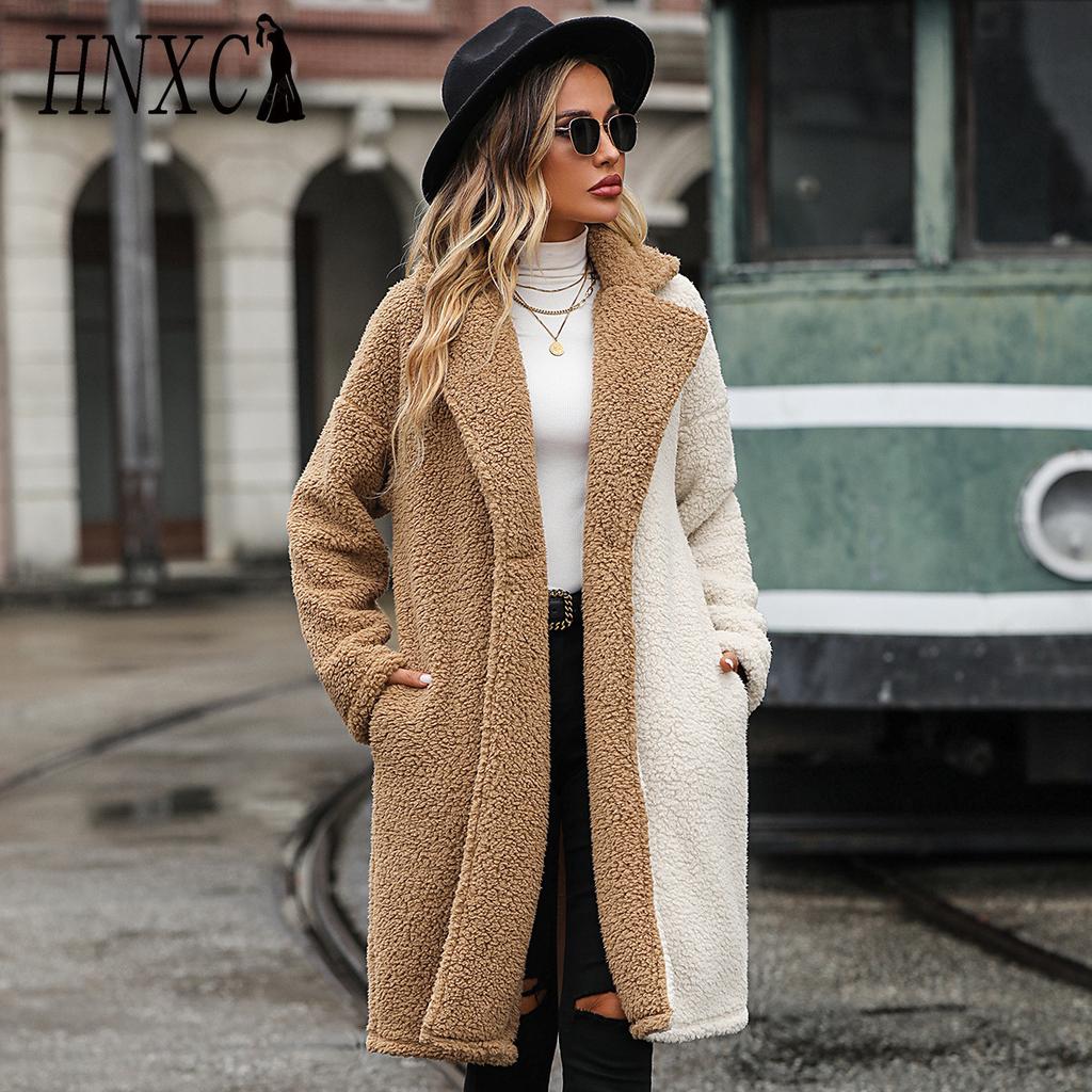 HNXC Fashion Autumn and Winter Women's Jacket Features A Long-sleeved, Color-blocking Style with A Suit Collar and Bubble Fleece Casual Coat