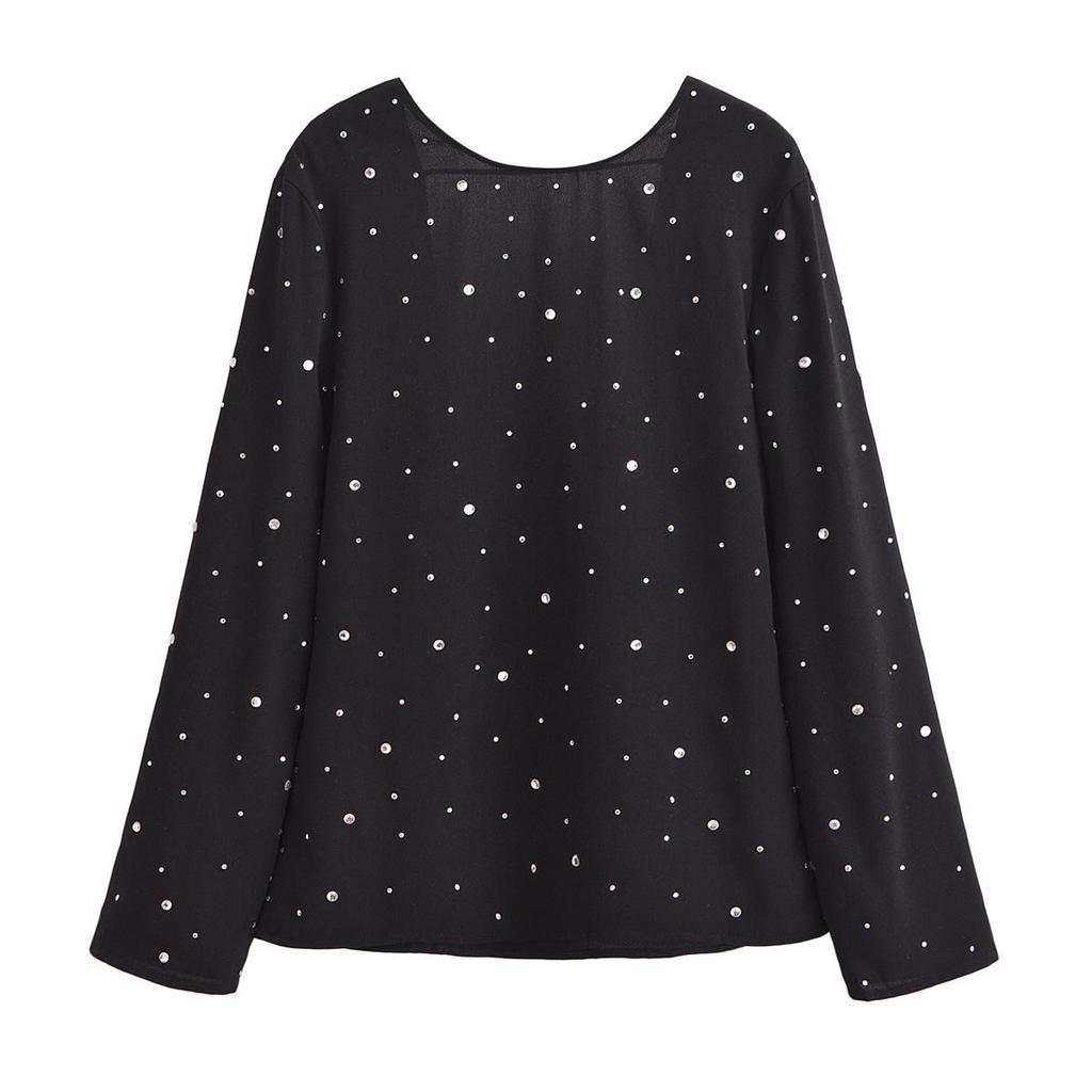 2024 Winter Women's European & American Style Backless Sequin Crew Neck Long Sleeve Top