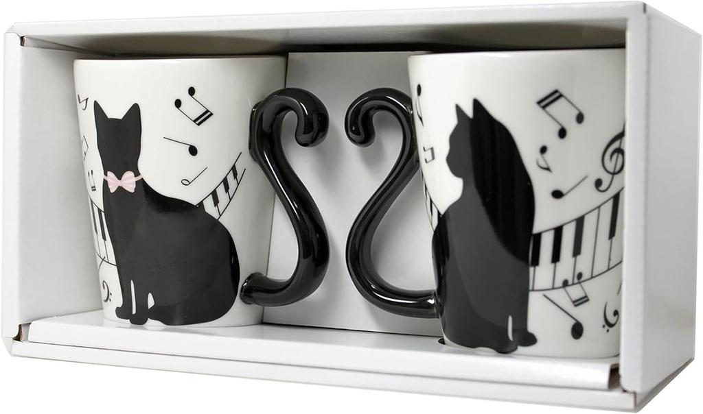 Artha Twin Black Cat Piano Dishwasher and Microwave Stylish Mugs with Tail Arranged To Form a Heart Shape Mugs, Pair, 300ml, Safe, Porcelain, Handles,