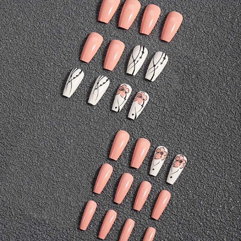 Coffin Press On Nails, Pink White Glossy Fake Nails With Flower Line Designs, Acrylic All Cover False Nails For Women And Girls 24pcs