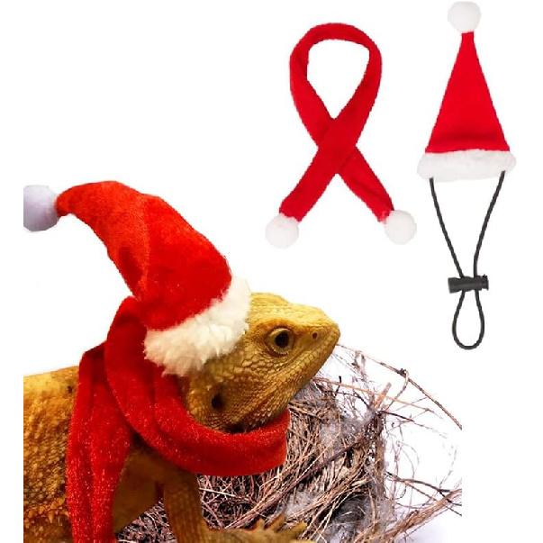 Bearded Dragon Santa Hat and Scarf Set Christmas Costume for Reptile Small Animals Halloween Xmas for Pet