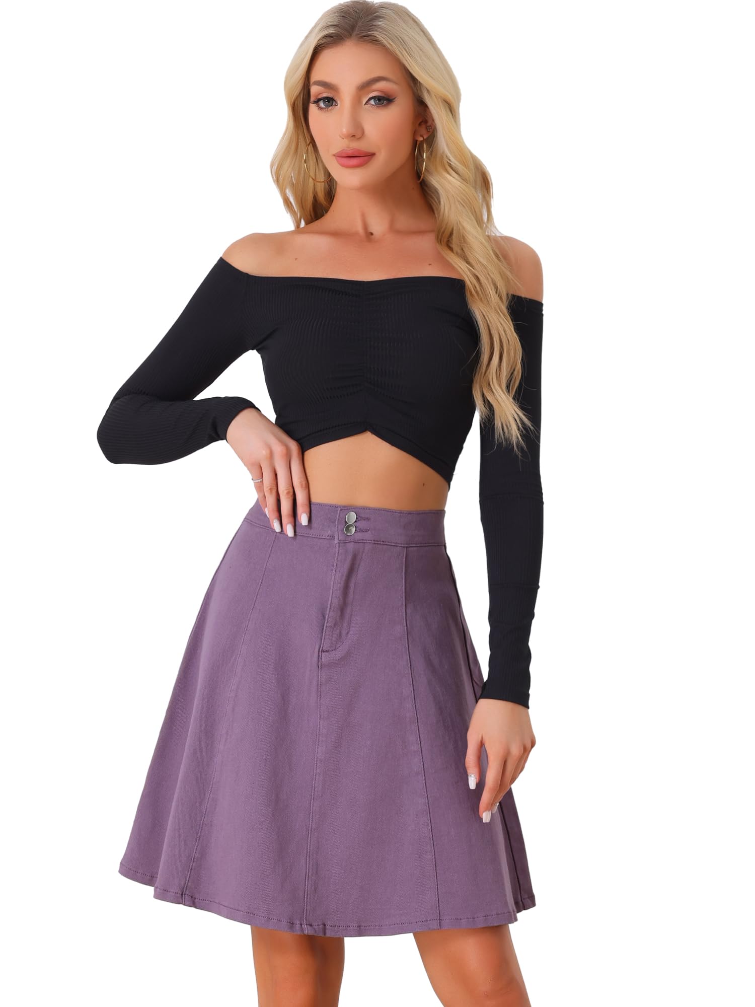 

Allegra K Mini Skirt, Denim Skirt, Summer Pleated Skirt, Slimming, Stretchy, A-Line, Elegant, High-Waisted, Casual, Women s, Gray Purple, Size M