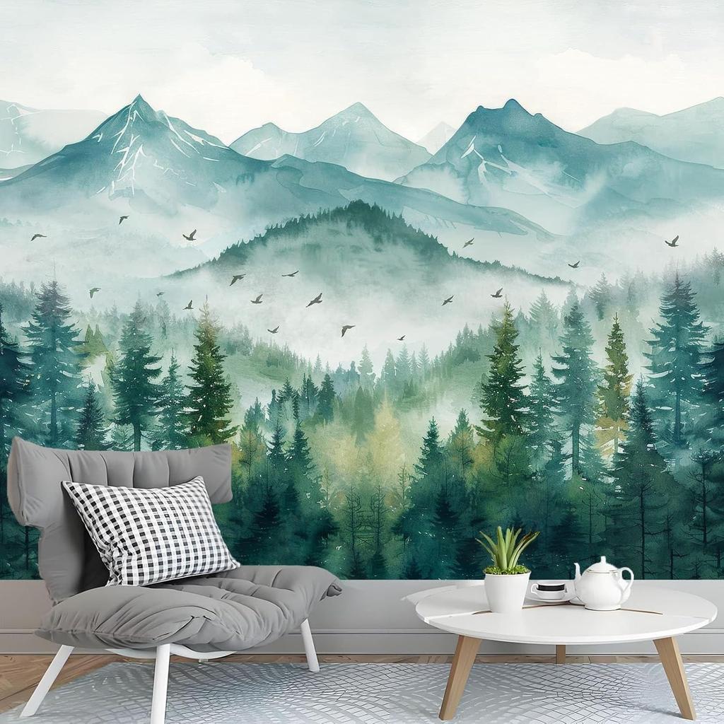 Atrippy Forest Nature Tapestry for Bedroom, Green Misty Foggy Mountain Sage Trees Wall Tapestry