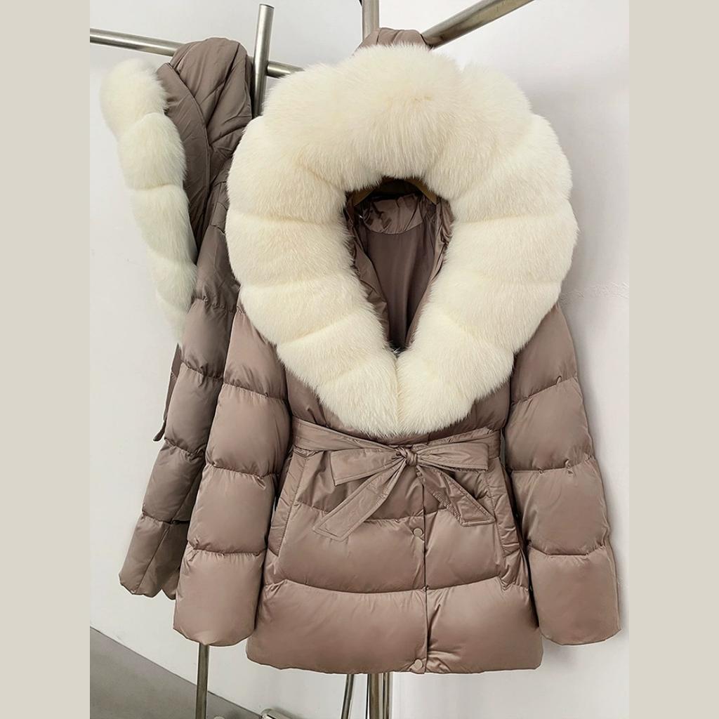 Winter Fox Big Fur Collar High-end Thickened Down Jacket Women's Mid-length Waist Imitation Leather Jacket