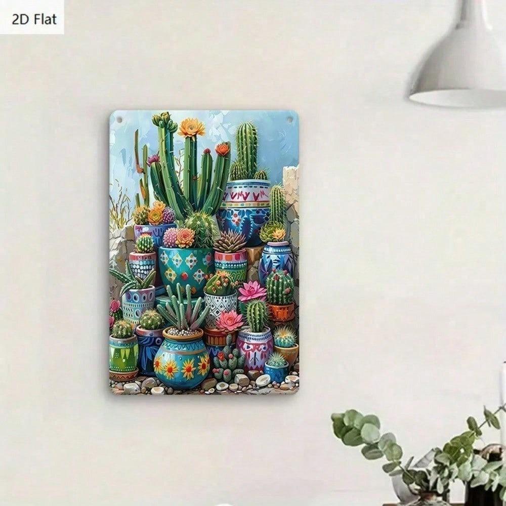 1PC Colorful Cactus Tin Sign, 2D Flat Succulent Metal Plaque, Desert Nature Wall Art, Farmhouse Garden Decor