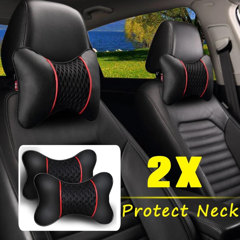 2PCS PU Leather Car Neck Pillows – Knitted Headrest Cushions for Seat Support Comfort Universal Fit Auto Accessories