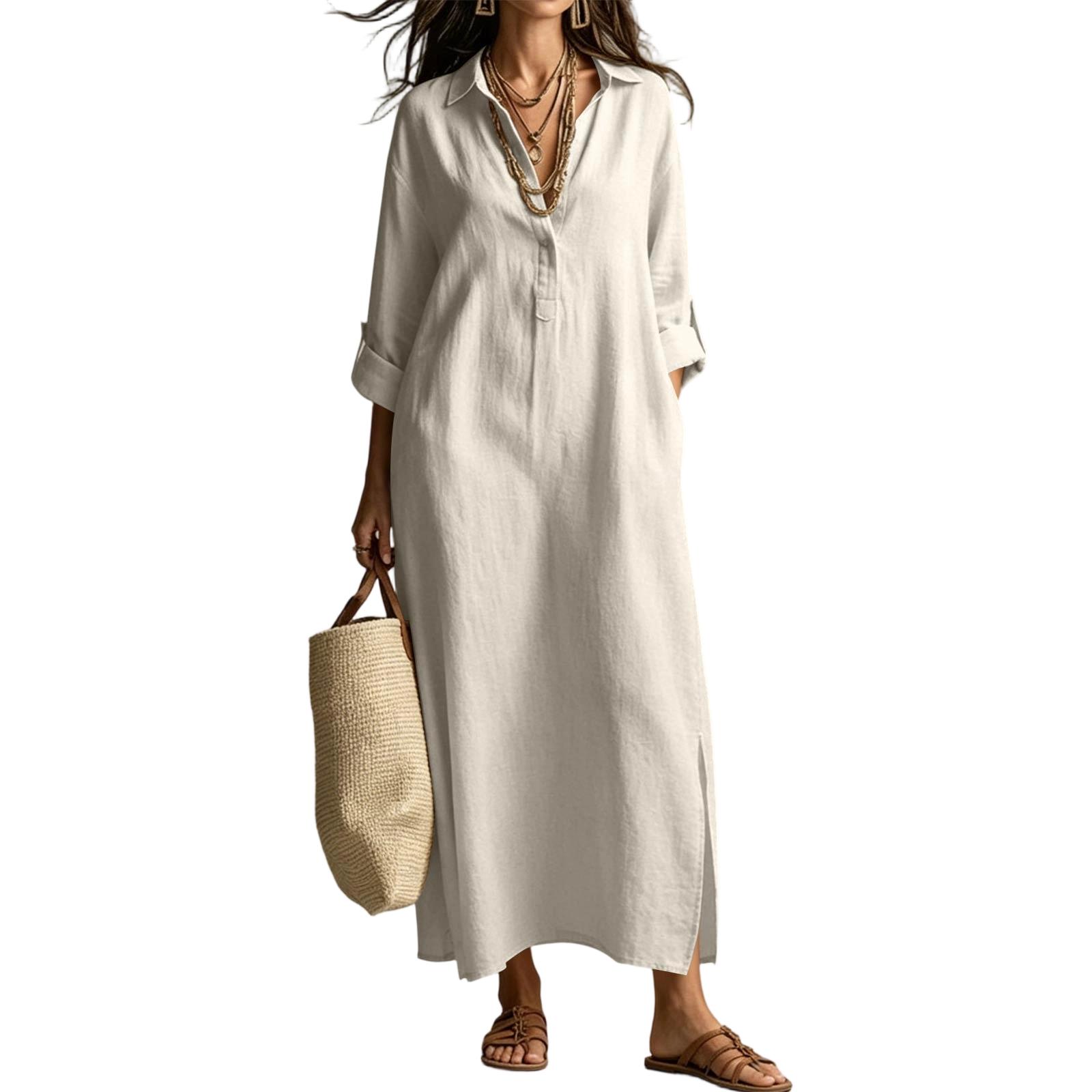 

Women’s Long Sleeve Linen Cotton Shirt Dress with Collared Neck Relaxed Fit Casual Spring Summer Maxi Dress for Daily Wear XL