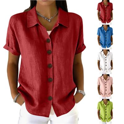 Women's Casual Comfortable Button Cotton Linen Short Sleeve Shirt Top