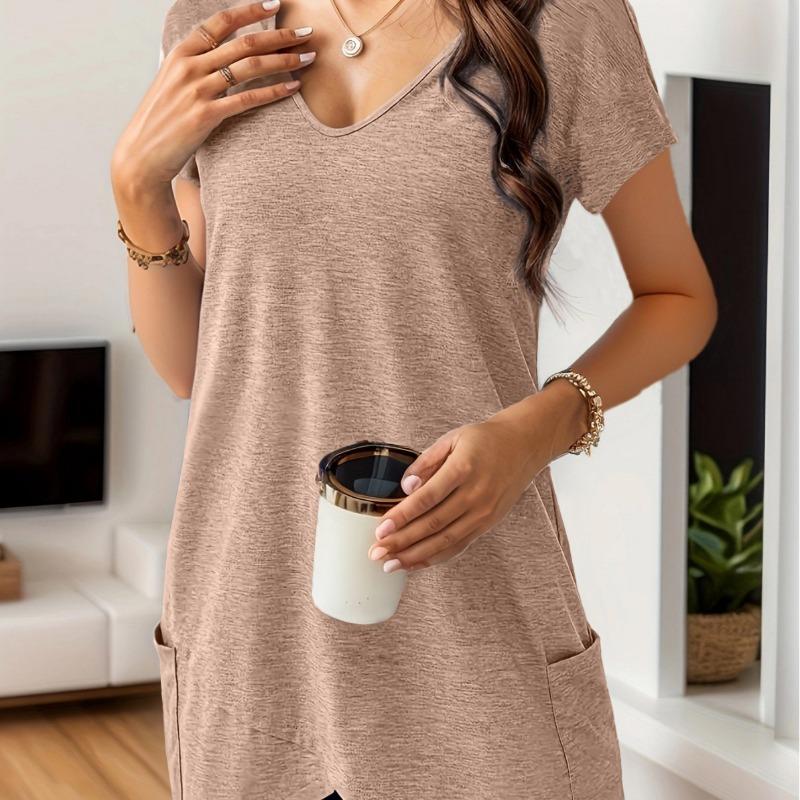 Spring Summer Women's V Neck Short Sleeve Tunic Top With Pockets Asymmetrical Hem Casual Shirt