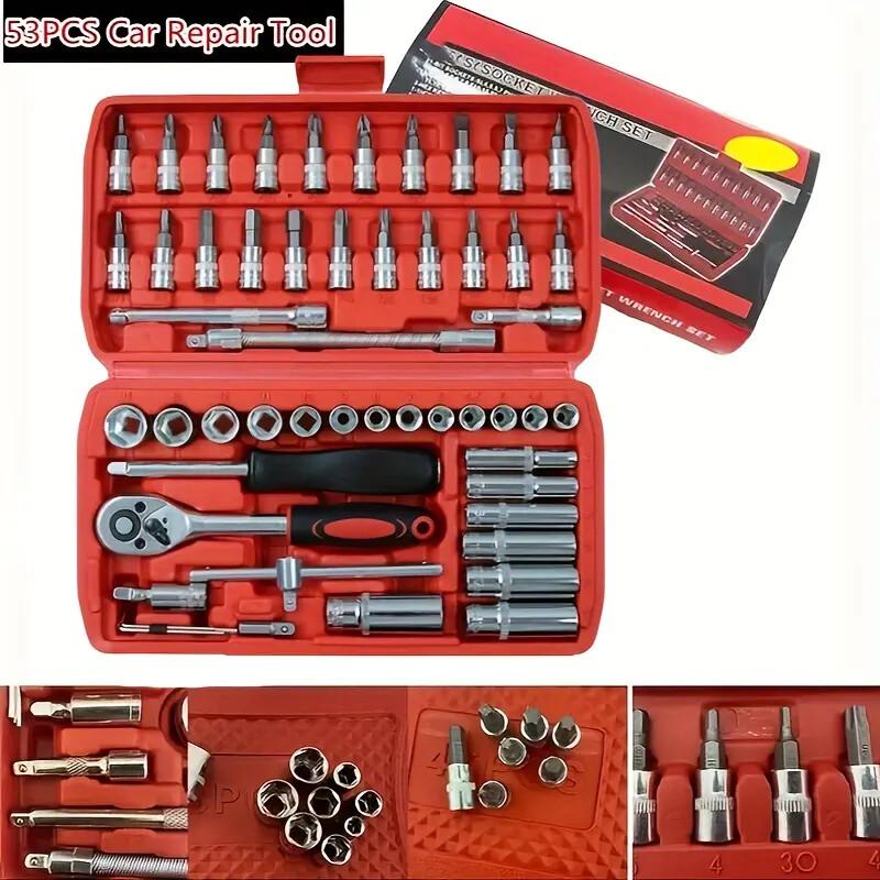 1/4 Inch Drive Socket and Ratchet Set, 6-Point Socket Opening, 53Pieces Tool Set SAE and Metric, Deep and Standard Sockets-001
