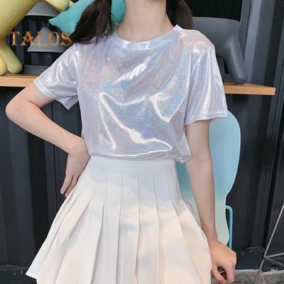 Women Performance T-shirt Round Neck Short Sleeve Loose Fit Glittery Reflective Tee Shirt Party Dance Pullover Tops