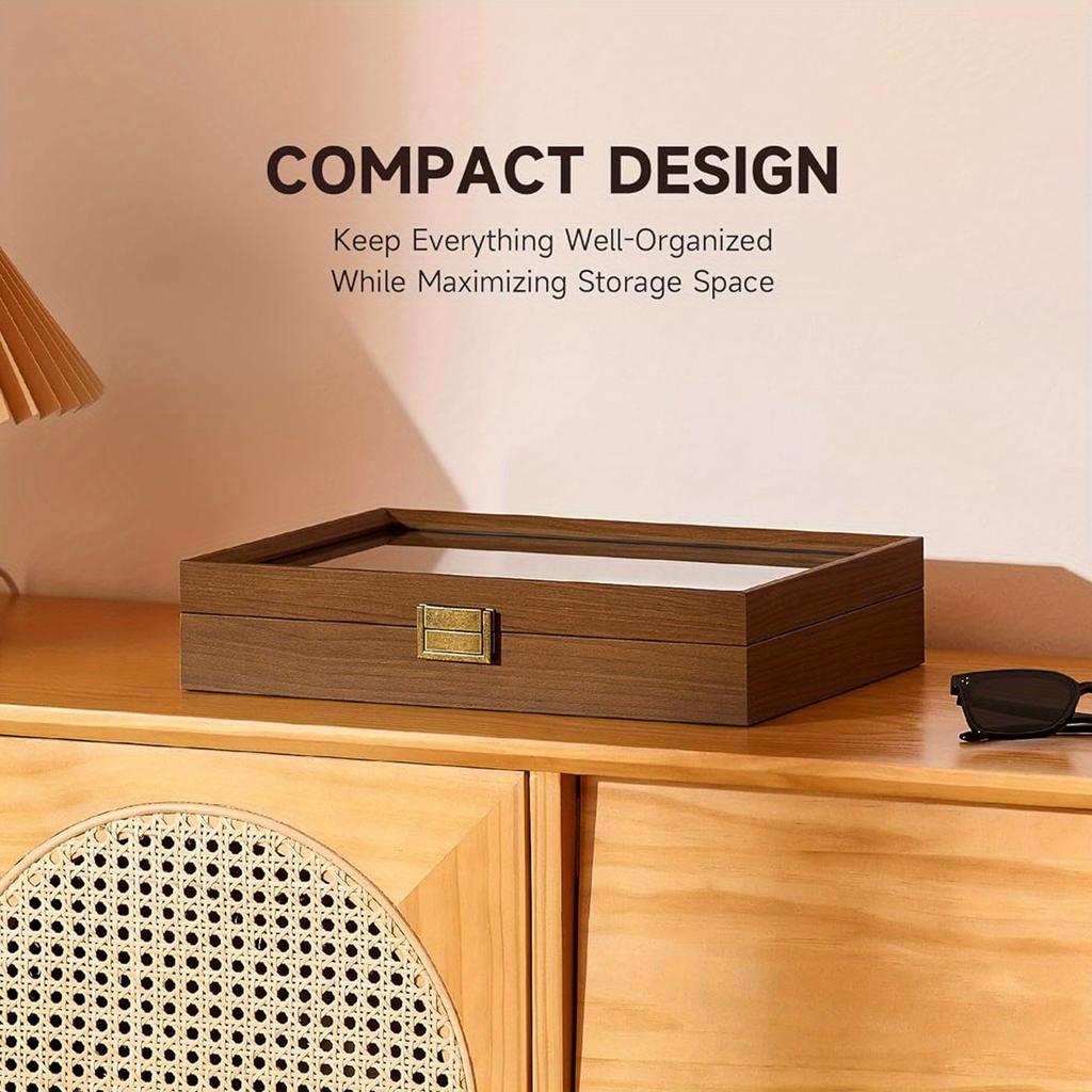 1pc 8 Grids Sunglasses Wooden Transparent Retro Storage Box with Latch, Velvet Display Cabinet,suitable for Women&men,lockable Multi Pair Glasses.