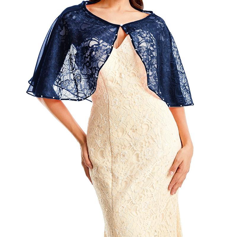 Frauen Frauen Perle Dekor Einfarbig Chiffon Schal Braut Wrap Sheer Cape Spitze Party Kleid Elegant