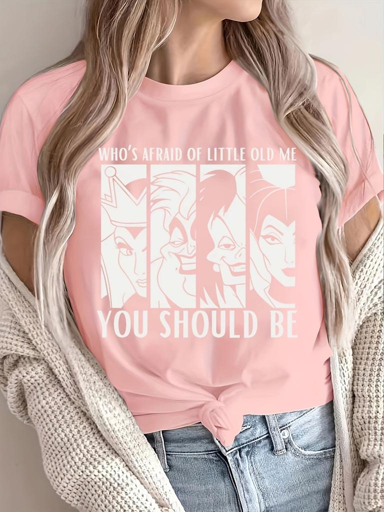 Modna Koszulka Plus Size Damska - Casualowa z Okrągłym Dekoltem i Krótkim Rękawem z Unikalnym Nadrukiem Postaci Złoczyńcy, Oddychający Poliester, Można Prać w Pralce