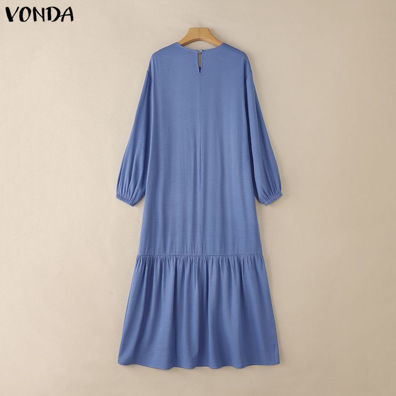 VONDA Women Round Neck Long Sleeve Casual Loose Ruffled Maxi Long Dress