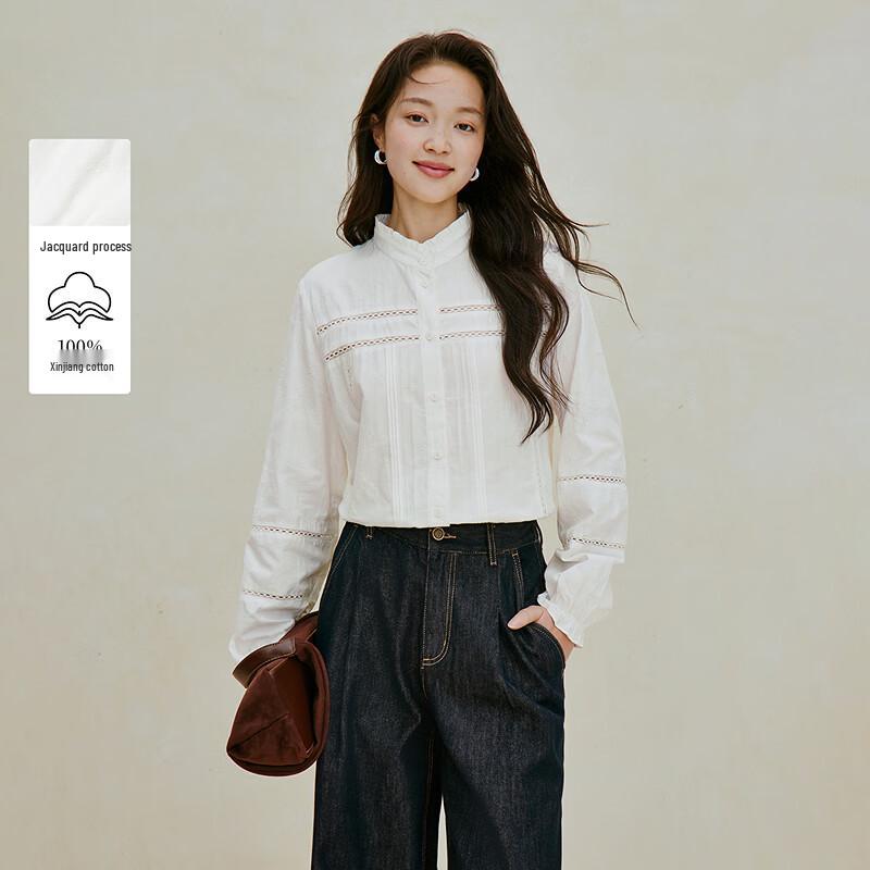 INMAN Women s Xinjiang Cotton Ruffle Jacquard Long Sleeve Shirt S