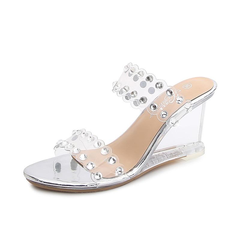 

Босоножки со стразами, женские летние новые сексуальные прозрачные туфли на высоком каблуке с кристаллами, серия 1098, 6 см, LFD 38 серебряный