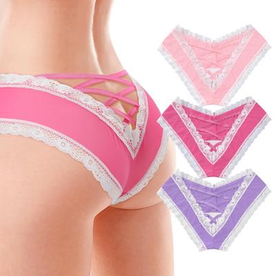 LittleForBig Women's Sissy Panties, Cross Strap, Lace, V-Back, 3-Piece Set, Pink/Rose/Purple, Size 4XL