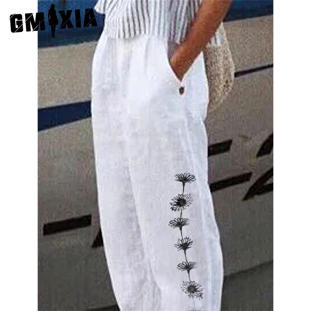 

GMXIA Модные популярные гаремные брюки с цветочным принтом и карманами-цветками, брюки со средней посадкой, уличная одежда S белый