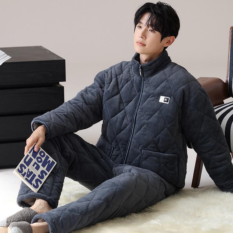 

Pajamas Men S Winter Velvet Winter Warm Three-Layer Thickened Padded Jacket Coral Fleece Loungewear Set Winter 3XL