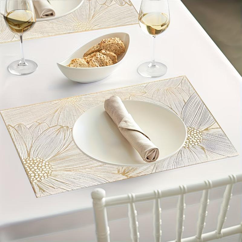 4/6/8pcs Light Luxury Golden Thread Flower Tablemats, 13.39 * 17.72inch, with Simple Lines Depicting Large Flowers, Paired with Champagne Golden
