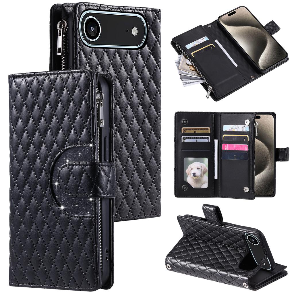 For iPhone 17 Air Case Zipper Pocket Glitter Leather Phone Cover with Wrist Strap