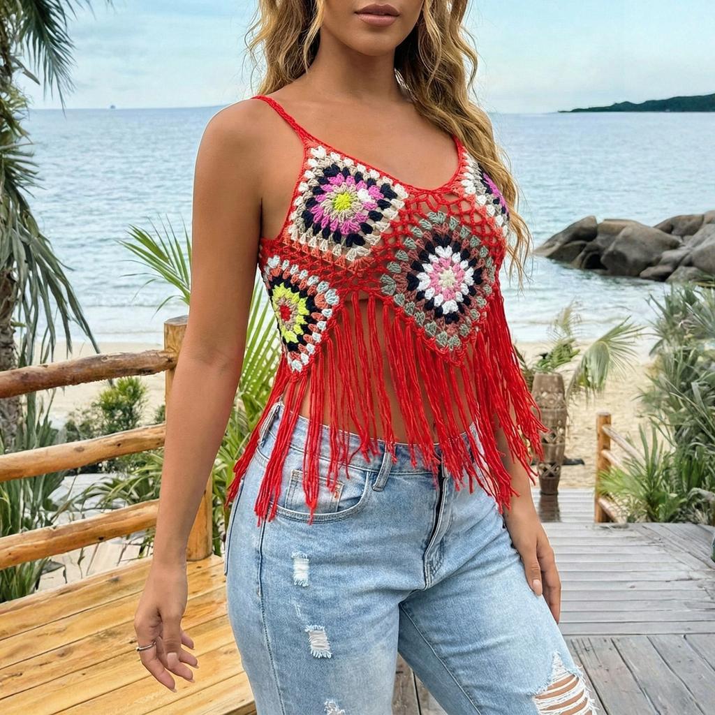 Damska Bohemian Szydełkowana Patchworkowa Top na Ramiączkach z Frędzlami Bez Rękawów Letnia Codzienna Plażowa Bluzka z Regulowanymi Ramiączkami