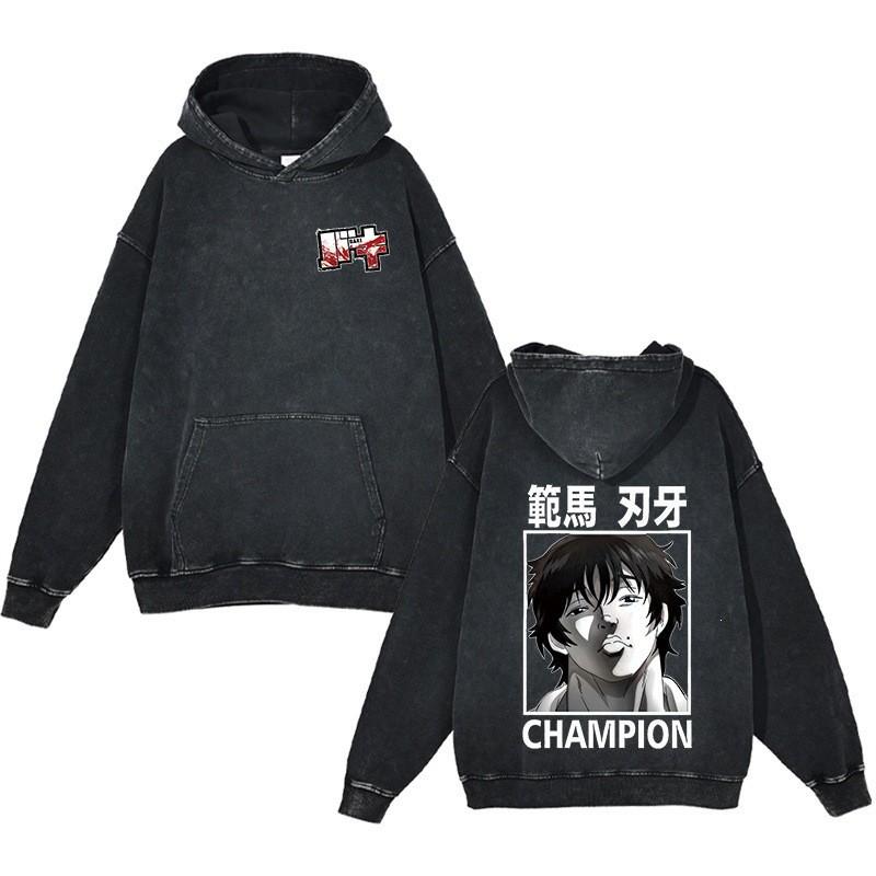 Baki Hanma Anime Streetwear Hoodie Heavyweight Cotton Washed Vintage Style Mens Long Sleeve Pullover