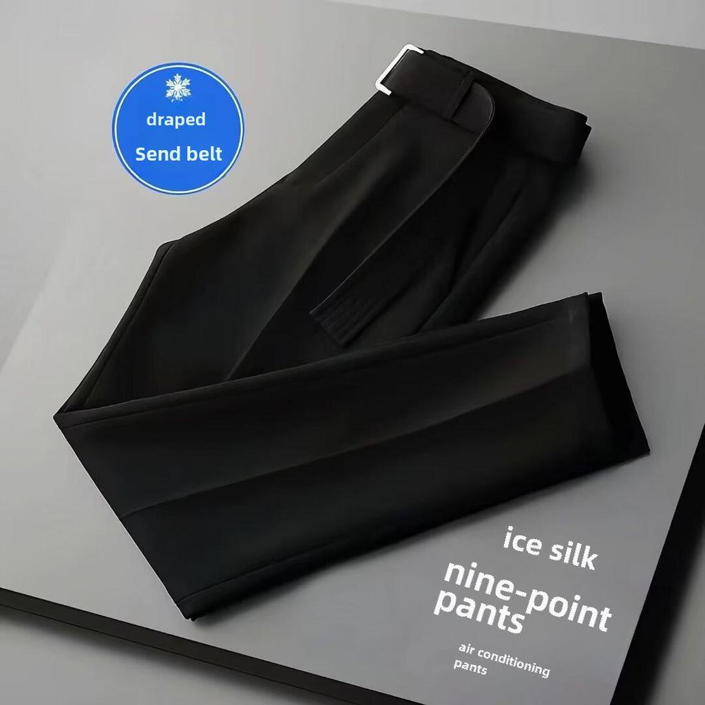 Men's Summer Ice Silk Straight Suit Trousers with Belt - Trendy and Mature Nine-Point Casual Pants