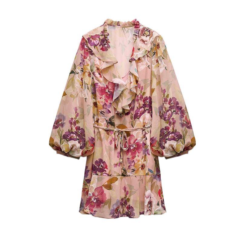 

Spring New Women s Clothing French Style Vacation Style Flowers Print Laminated Decoration Mini Dress 2503131 Multi-color L