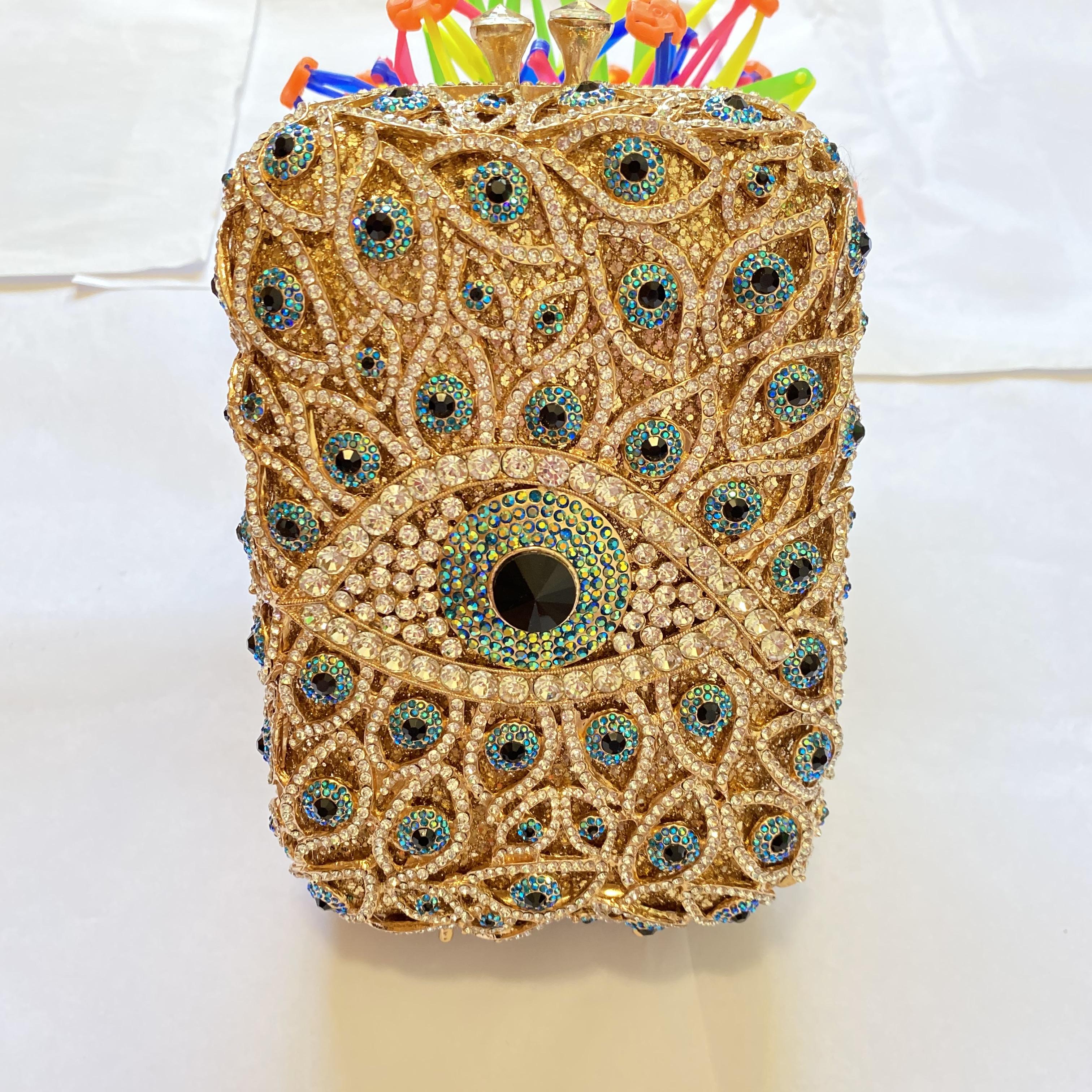 

WHTUOHENG Evil Eye Evening Clutch Bag White Rhinestones Purses 9 Colors Gold Metal AB Crystal Bag Diamond Wedding Handbag Bag 18cmX12cmX6cm