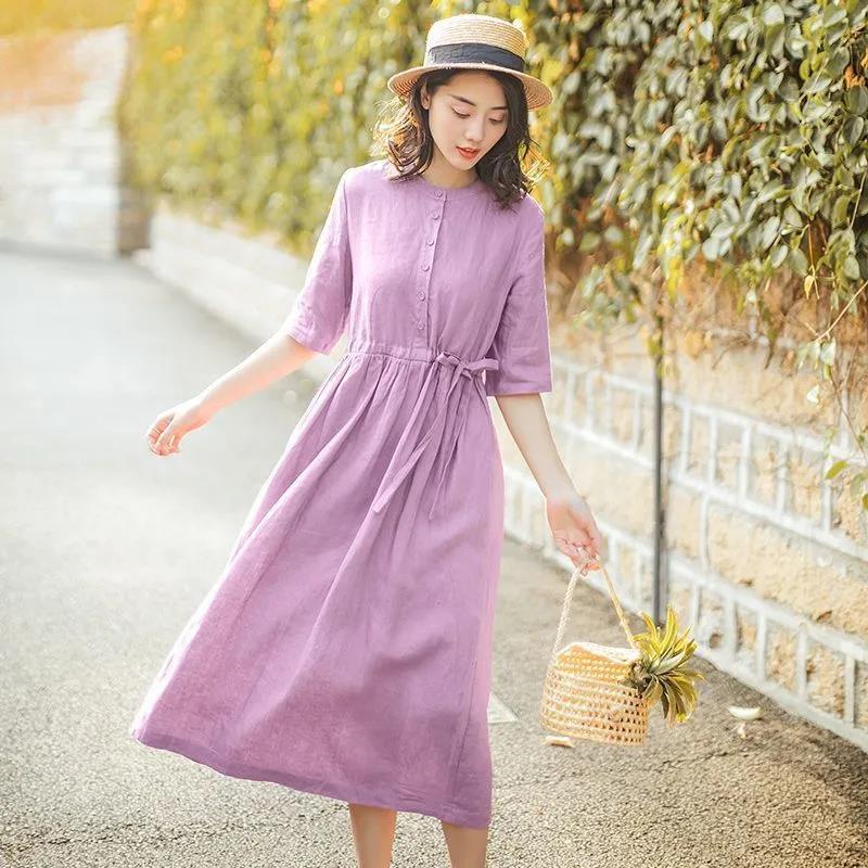 

Женское летнее платье с рукавами 1/2 длиной до середины икры большого размера, свободное повседневное однотонное платье M-XXXL XXXL фиолетовый