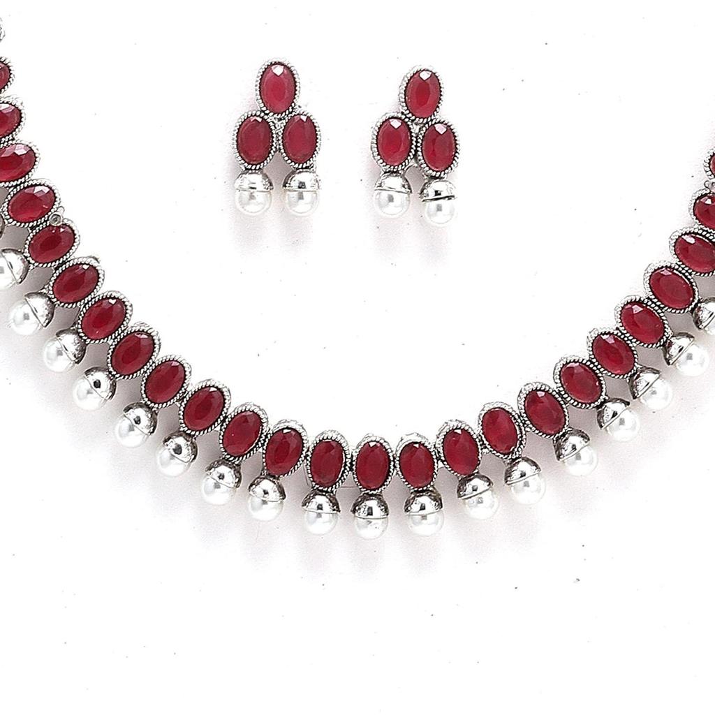 ZENEME Antique Oxidised Silver Plated Traditional Temple Coin Red American Diamond Studded Necklace