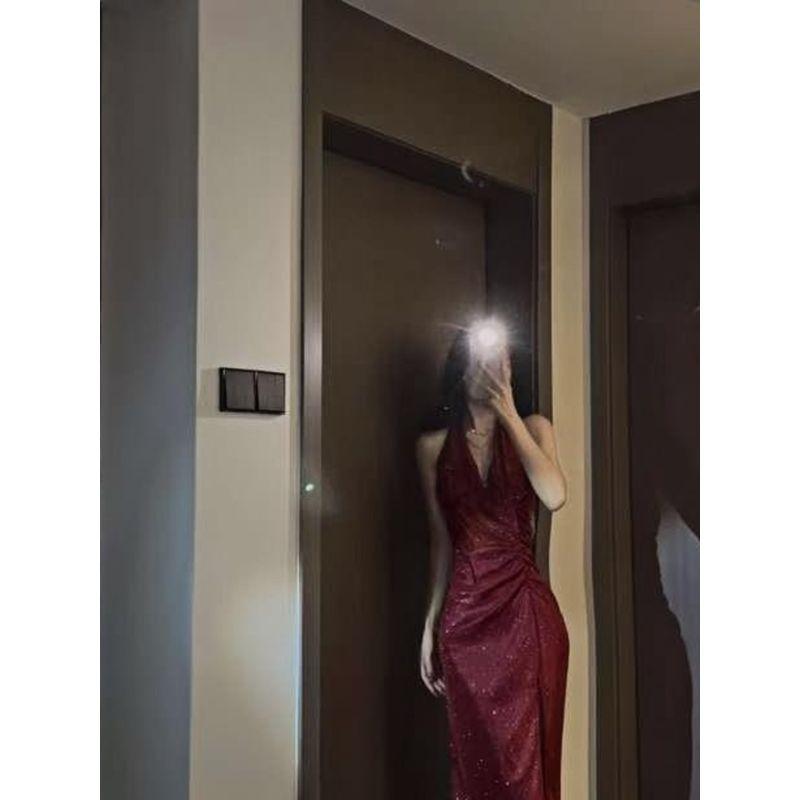 Xiaoke Wiwi Western Style Shiny Hanging Neck Dress Elegant Banquet Red Formal Dress Sexy Split Long Dress