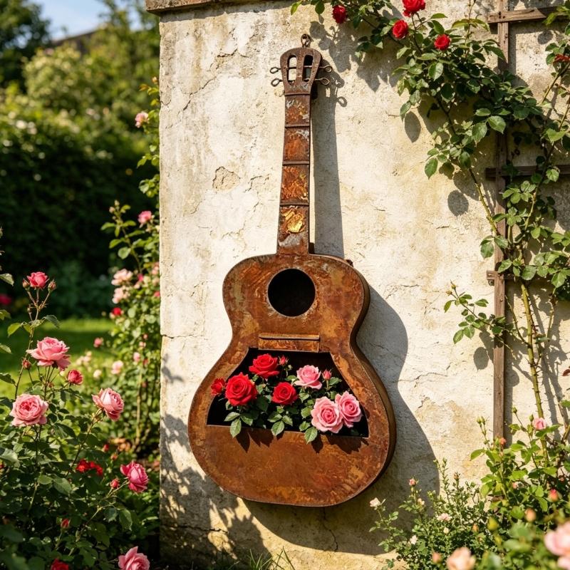 Garden Fence Guitar Flower Pot, Metal Wall Pocket with Front Open Holder for Hanging Porch Wall Display and Entry Wall Setting for Use
